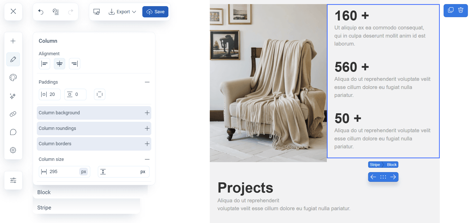 Pixcraft email builder interface