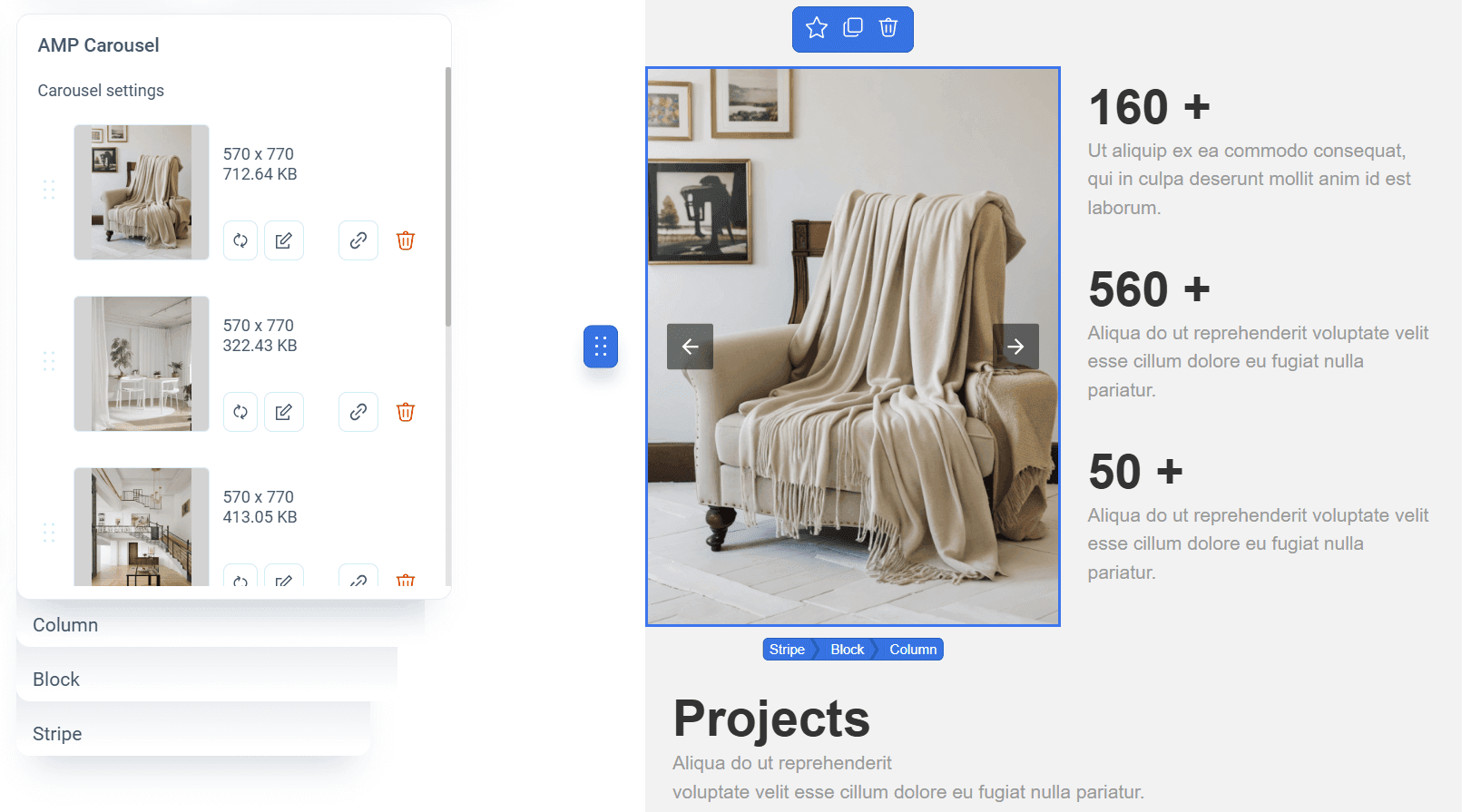 AMP carousel in Pixcraft