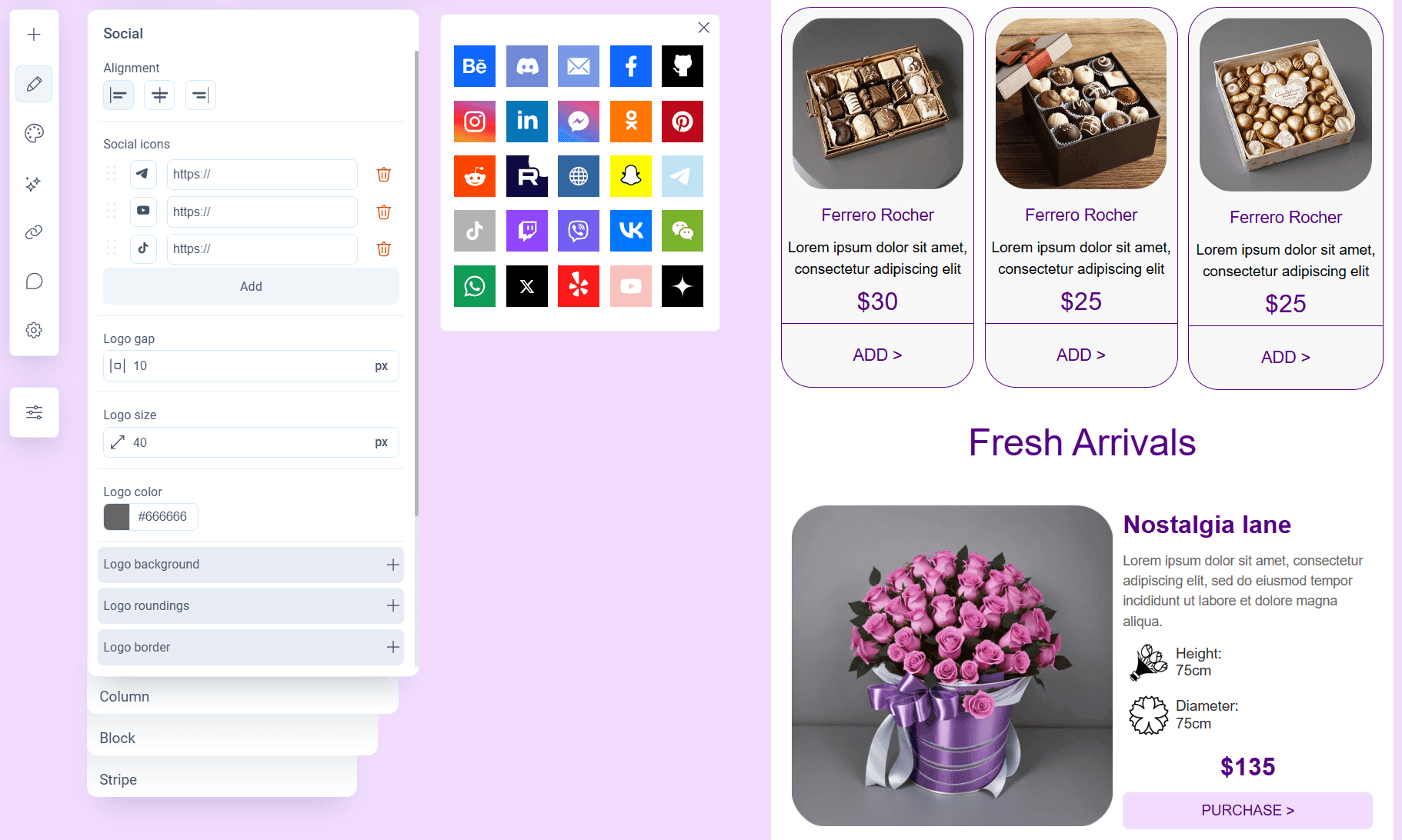 Social media icons in Pixcraft
