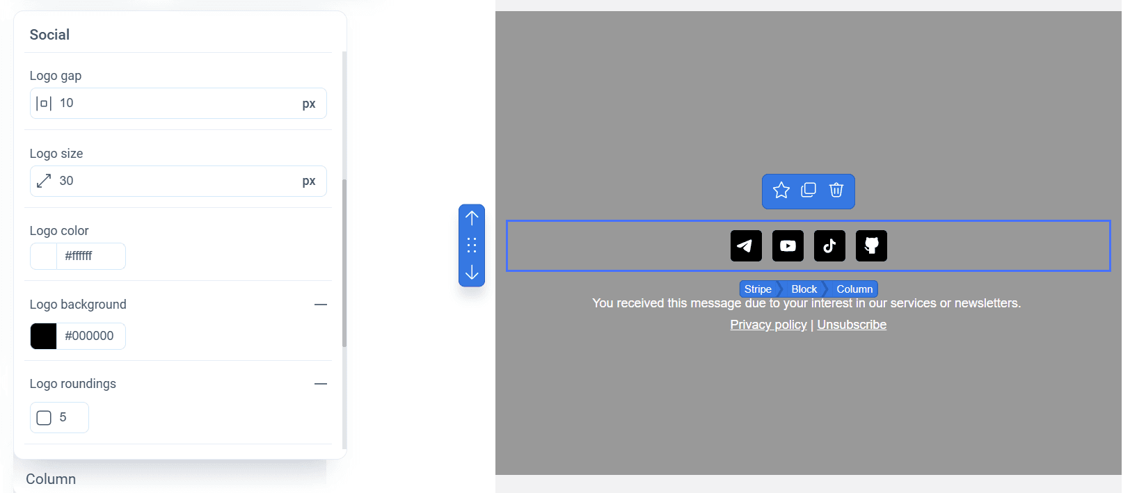 Social media icons settings in Pixcraft