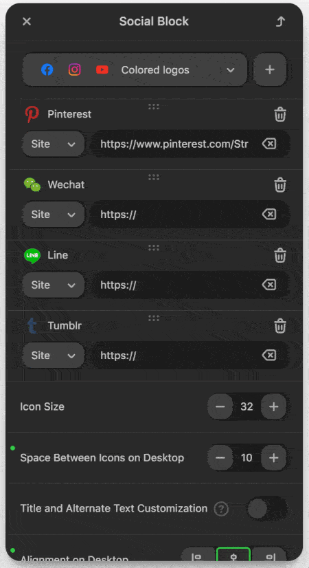 Social media icons in Stripo