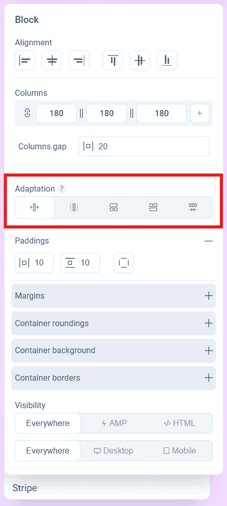 Mobile adaptation settings in Pixcraft