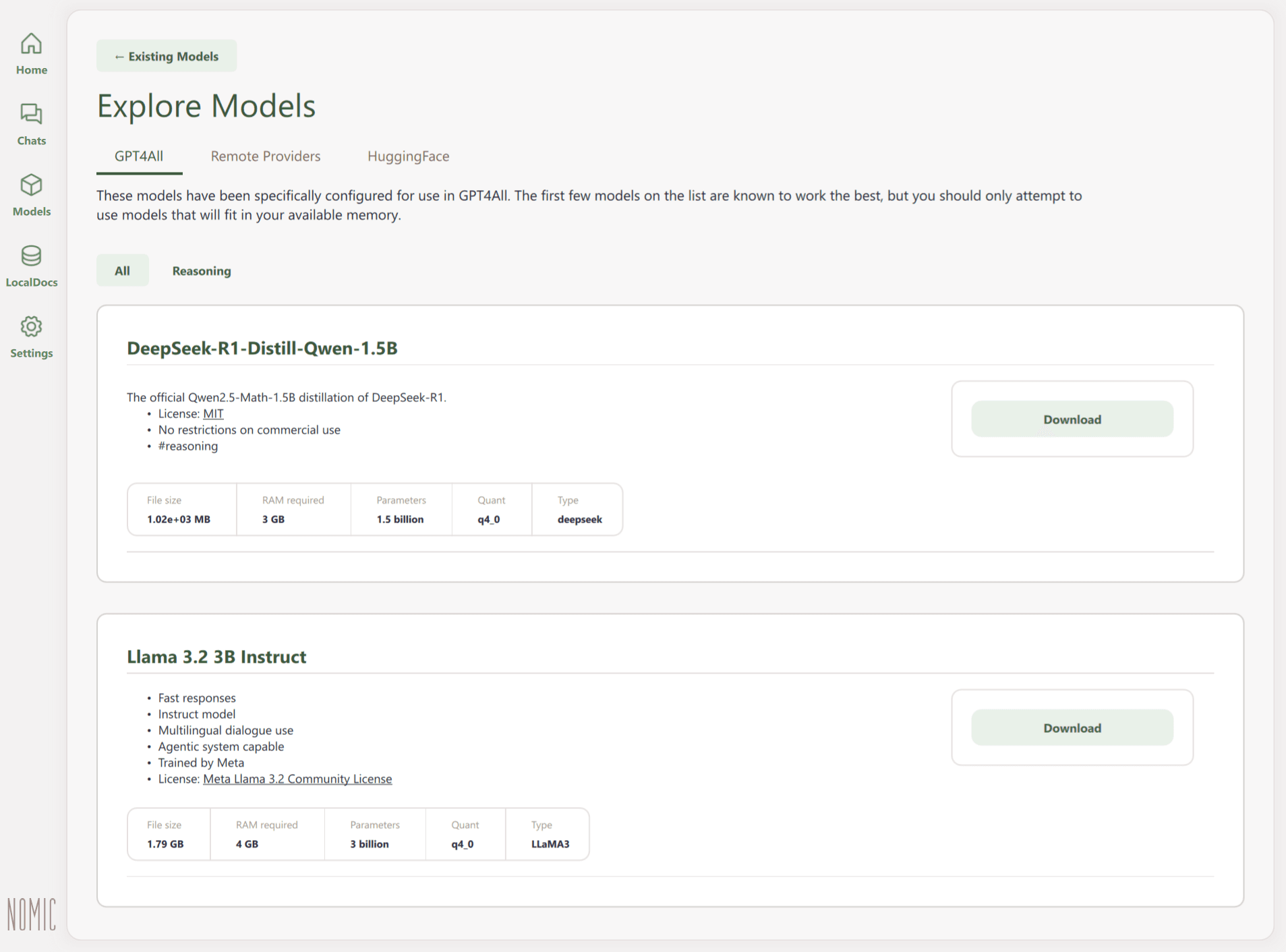 Каталог моделей в GPT4All
