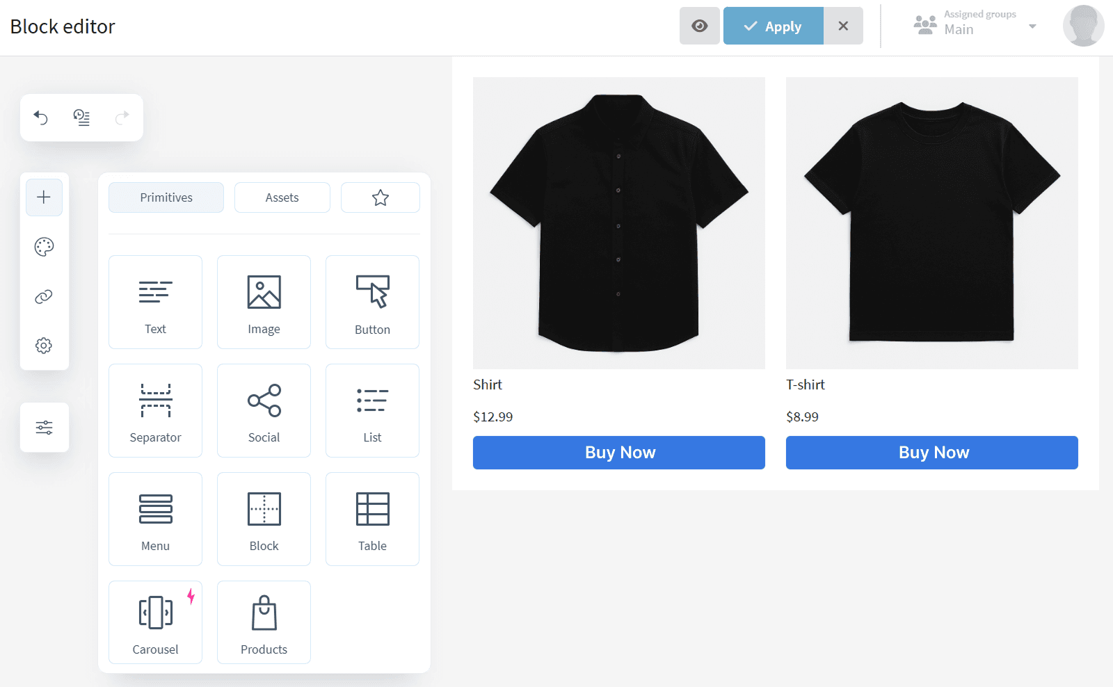 Simple product grid in Pixcraft editor