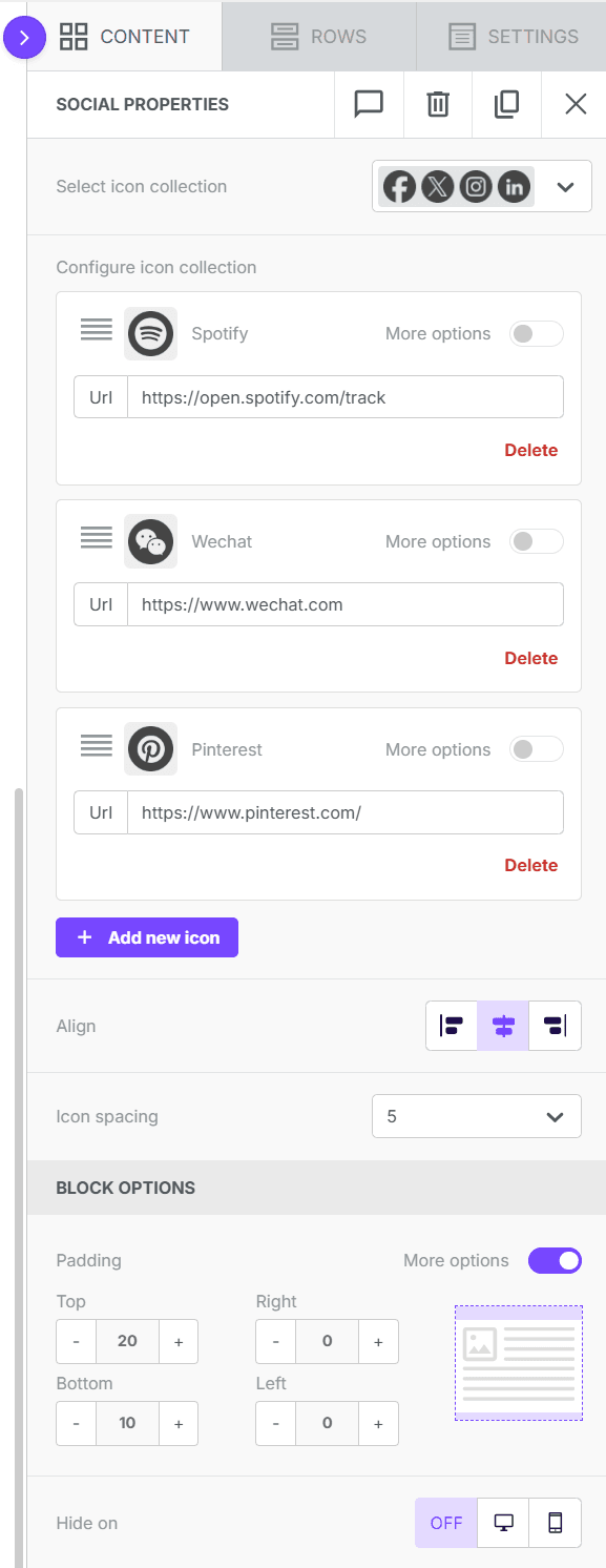 Social media icons settings in Beefree