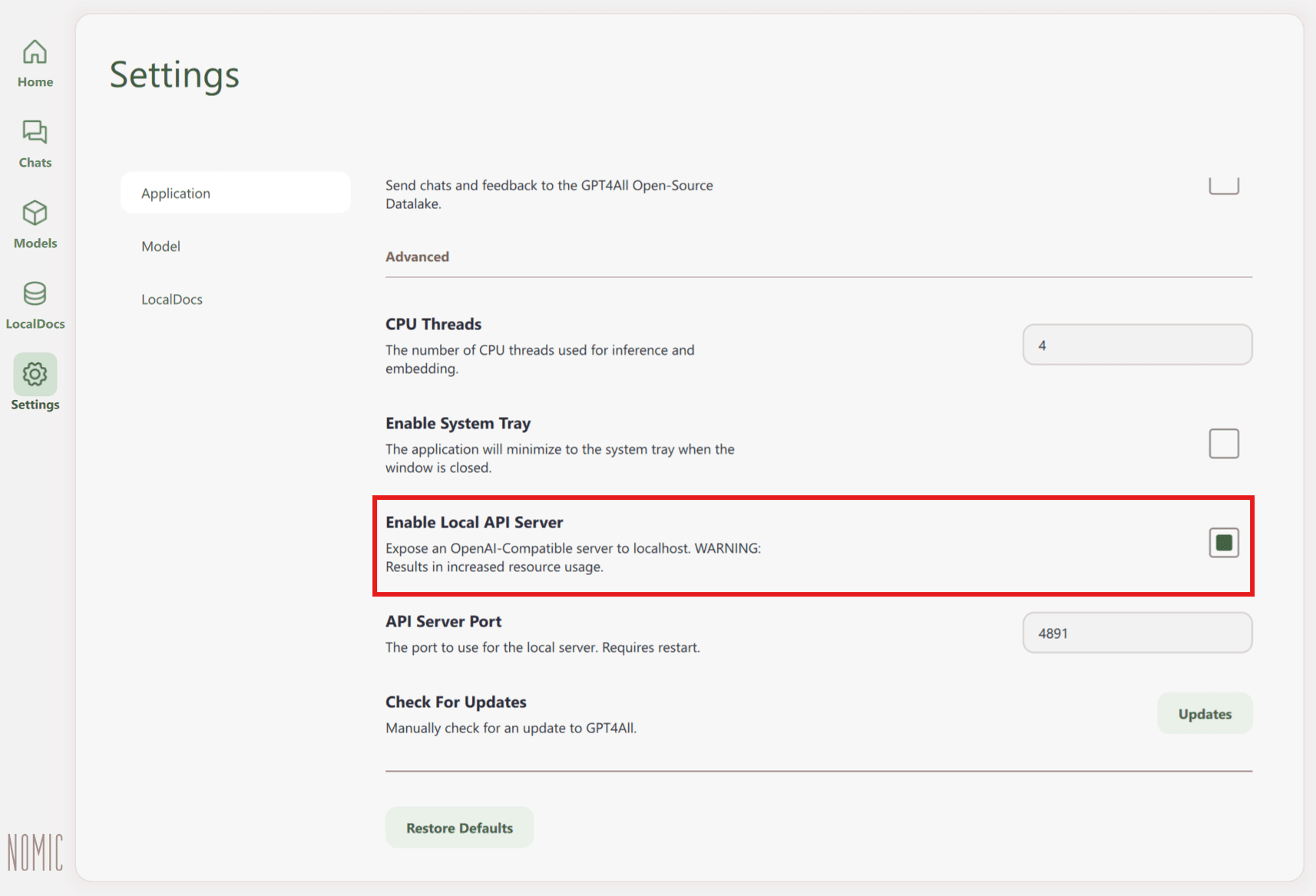 Включение API-сервера в GPT4All