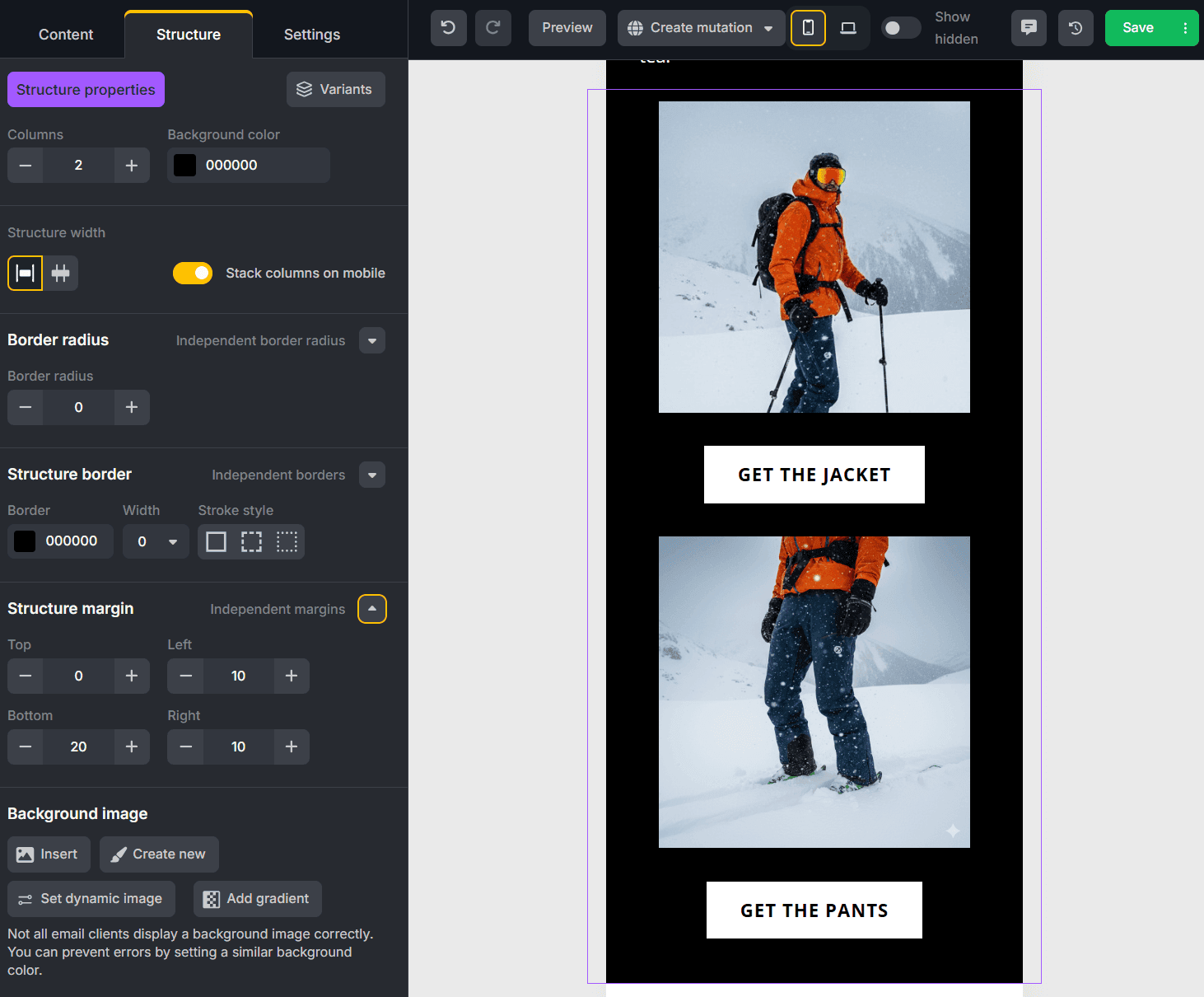Settings for the mobile version of an email template in TOPOL