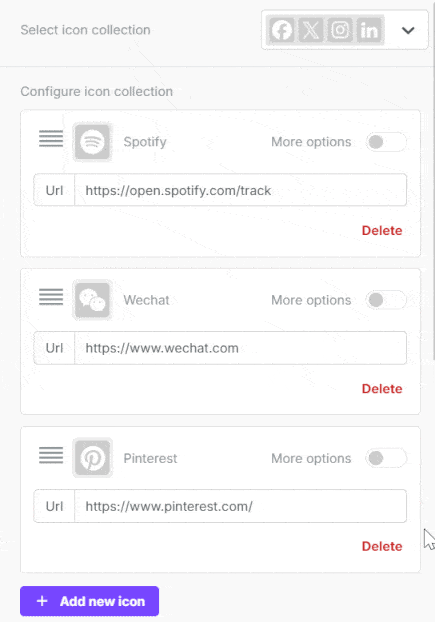 Social media icons collections in Beefree