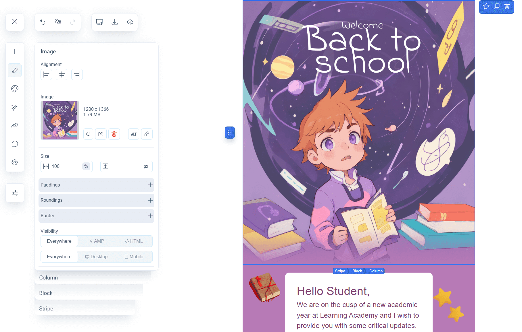 Pixcraft email template builder interface