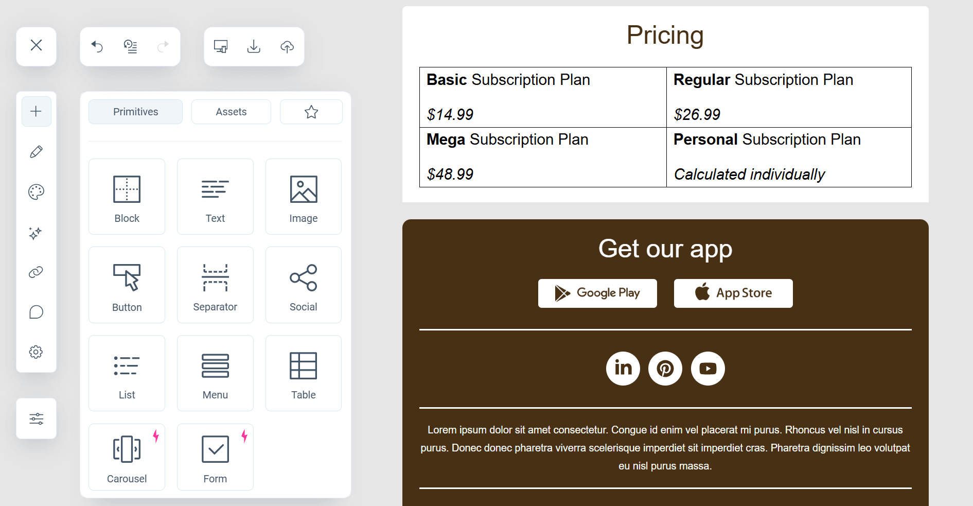 Table in Pixcraft email builder